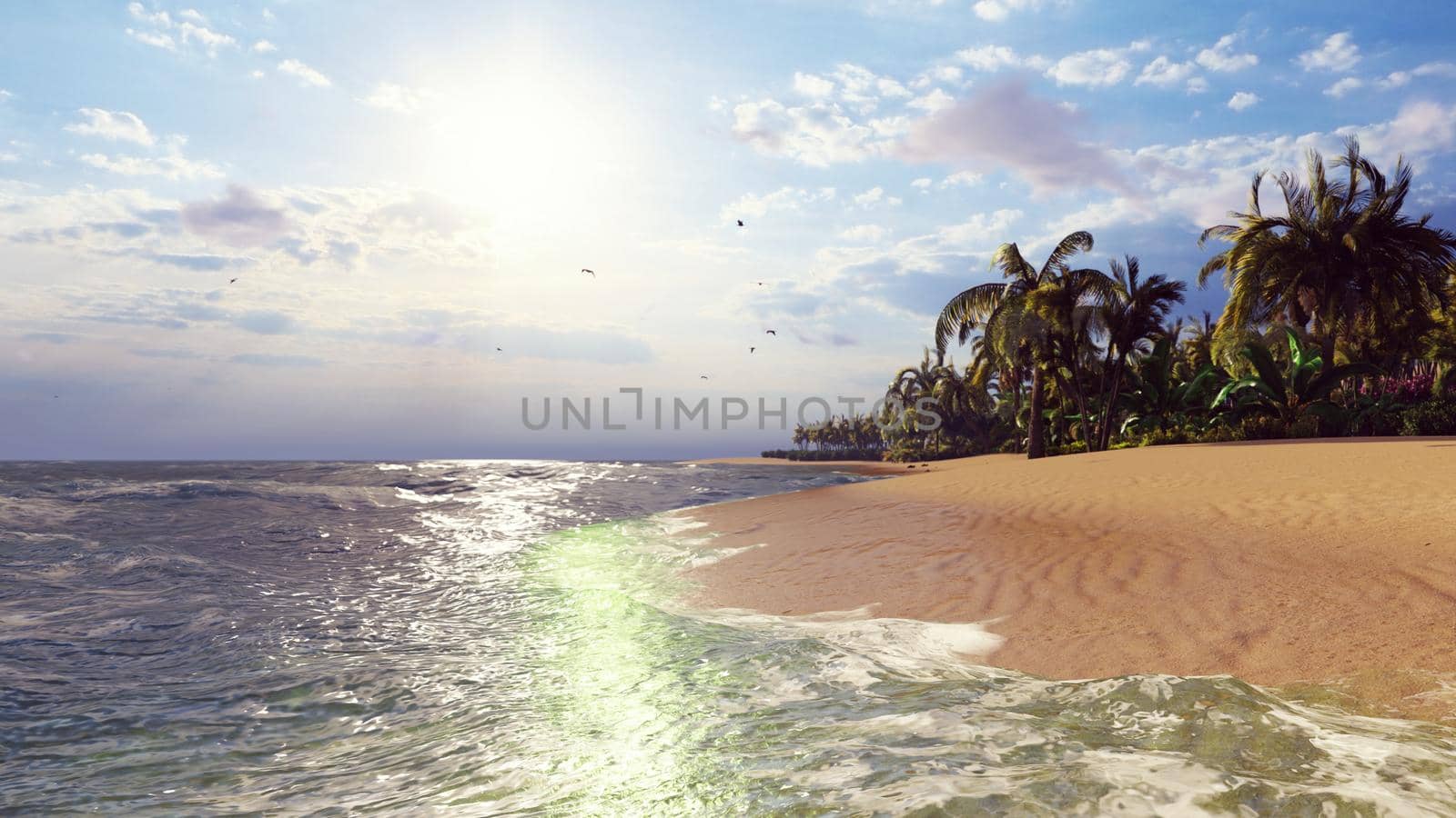 Beautiful island with hot sand and nice trees. 3D Rendering by designprojects