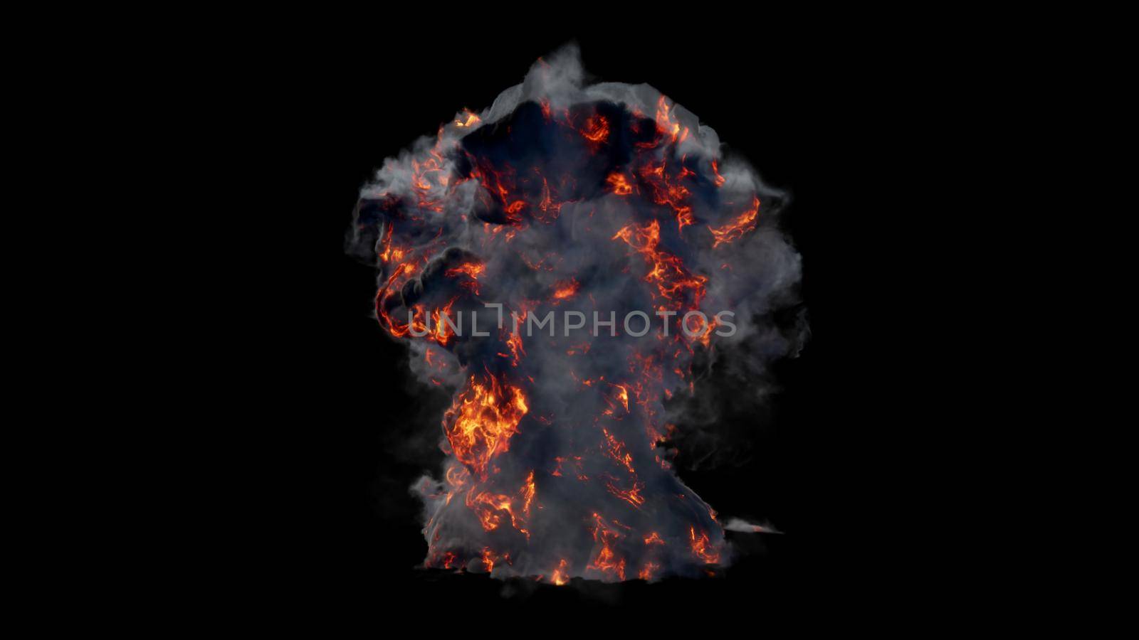 An unusual explosion, fire swirling along with black smoke. 3D Rendering by designprojects