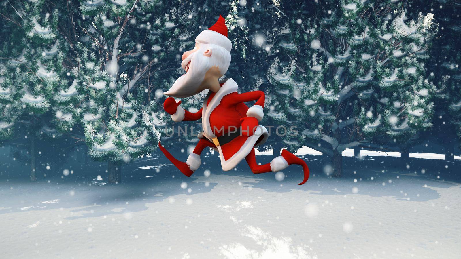Santa Claus runs through the snow-covered Christmas forest. The Concept of Christmas. 3D Rendering by designprojects