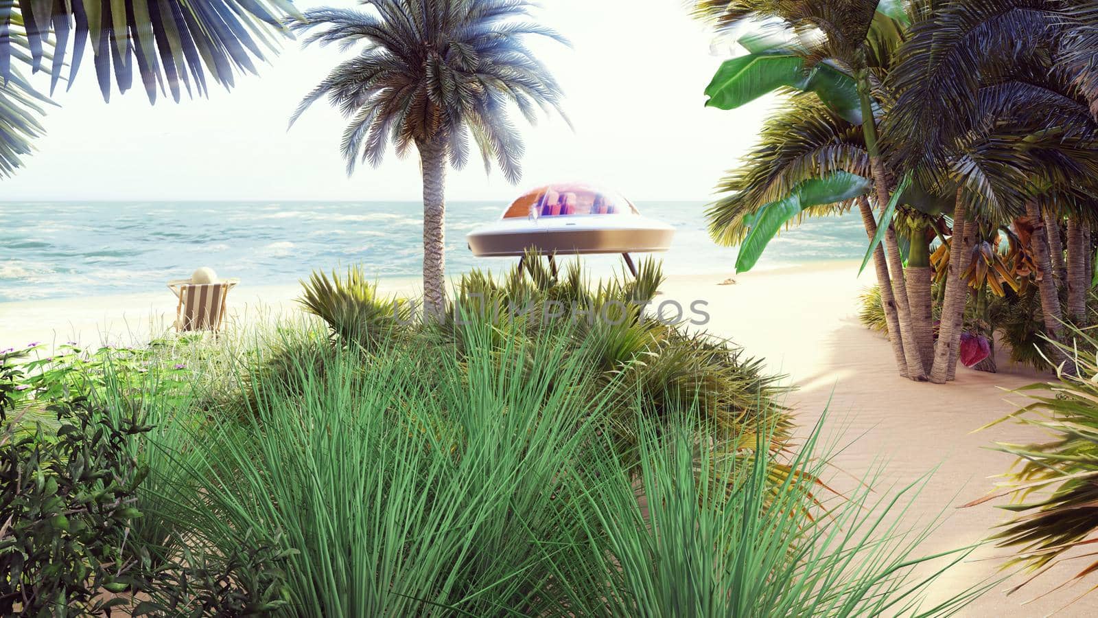 Alien resting on a tropical sea beach on a hot summer day. Fantasy about having a rest alien. 3D Rendering by designprojects