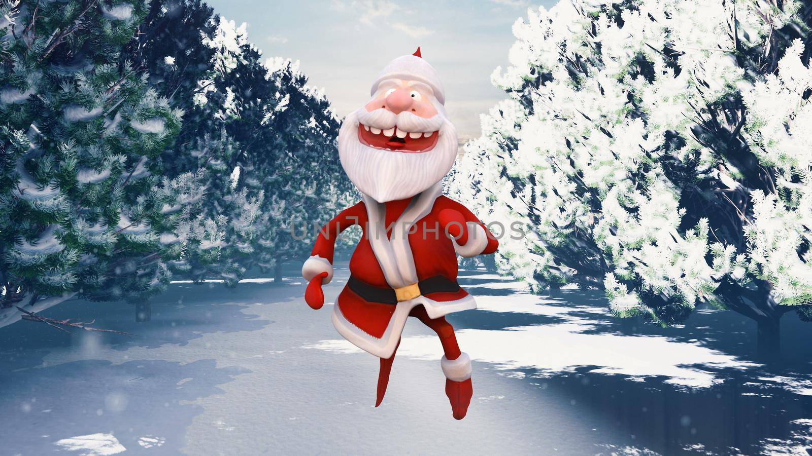 Santa Claus runs through the snow-covered Sunny Christmas forest. The Concept of Christmas. 3D Rendering by designprojects