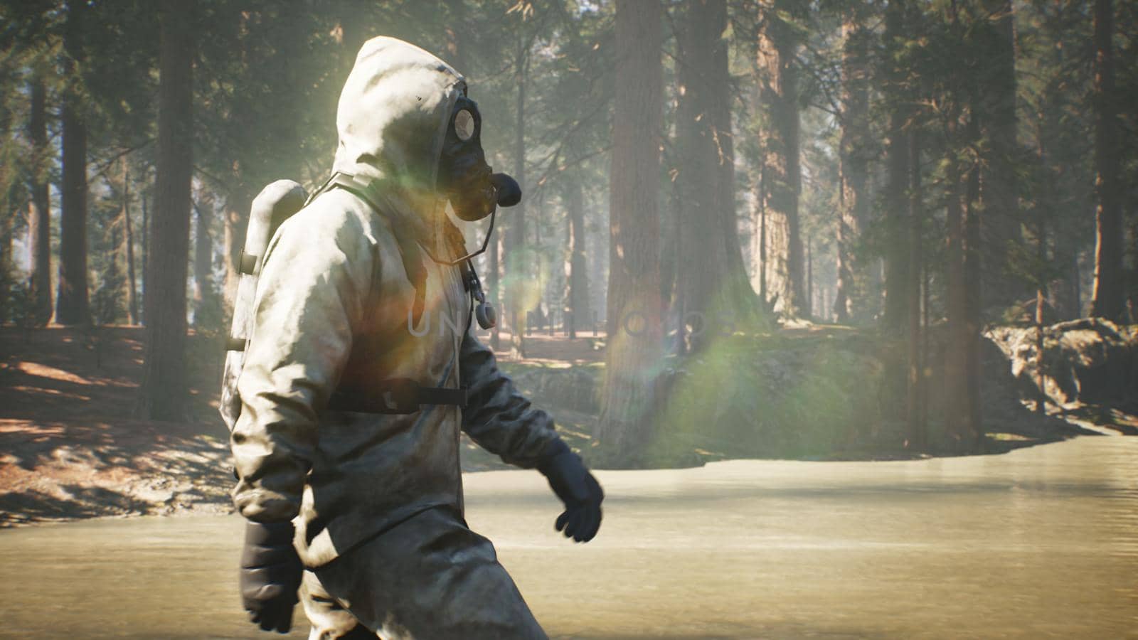 A Stalker in a chemical protection suit and a gas mask walks through a summer Sunny forest. The concept of a post-apocalyptic world after a pandemic. 3D Rendering. by designprojects