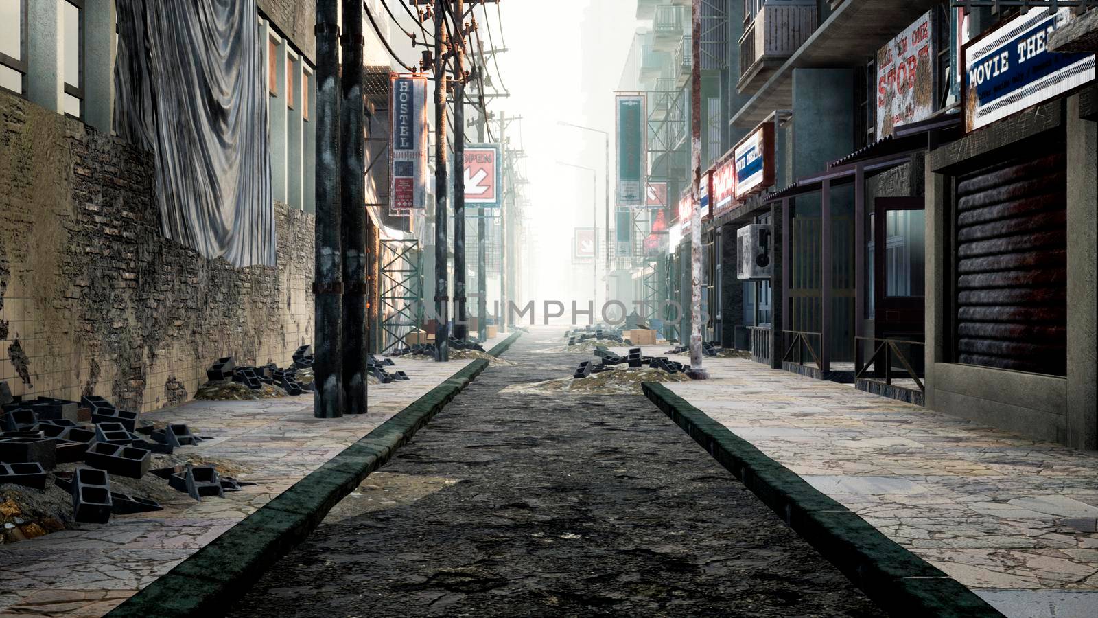 A deserted post-apocalyptic city. The camera flies through the empty ruined city. Deserted post-apocalyptic street in the ruins of buildings. The Concept of The Apocalypse. 3D Rendering by designprojects