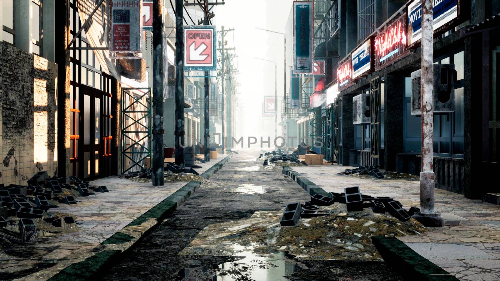 A deserted post-apocalyptic city. The camera flies through the empty ruined city. Deserted post-apocalyptic street in the ruins of buildings. The Concept of The Apocalypse. 3D Rendering by designprojects