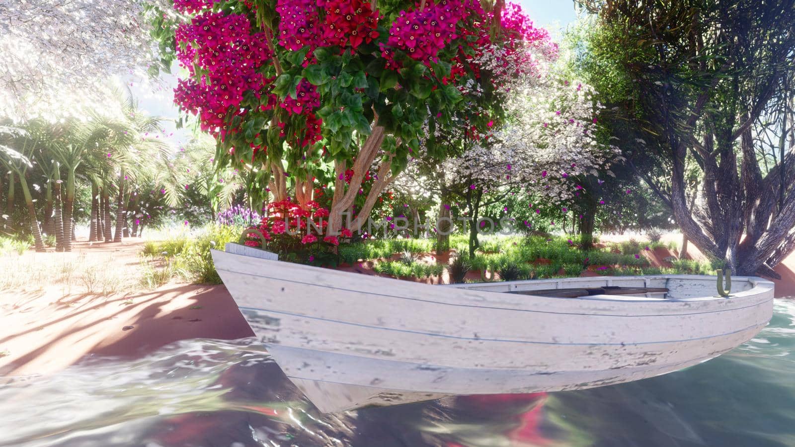 Beautiful wonderful island with beautiful trees and flowers. An old fishing boat on calm sea waters. 3D Rendering by designprojects