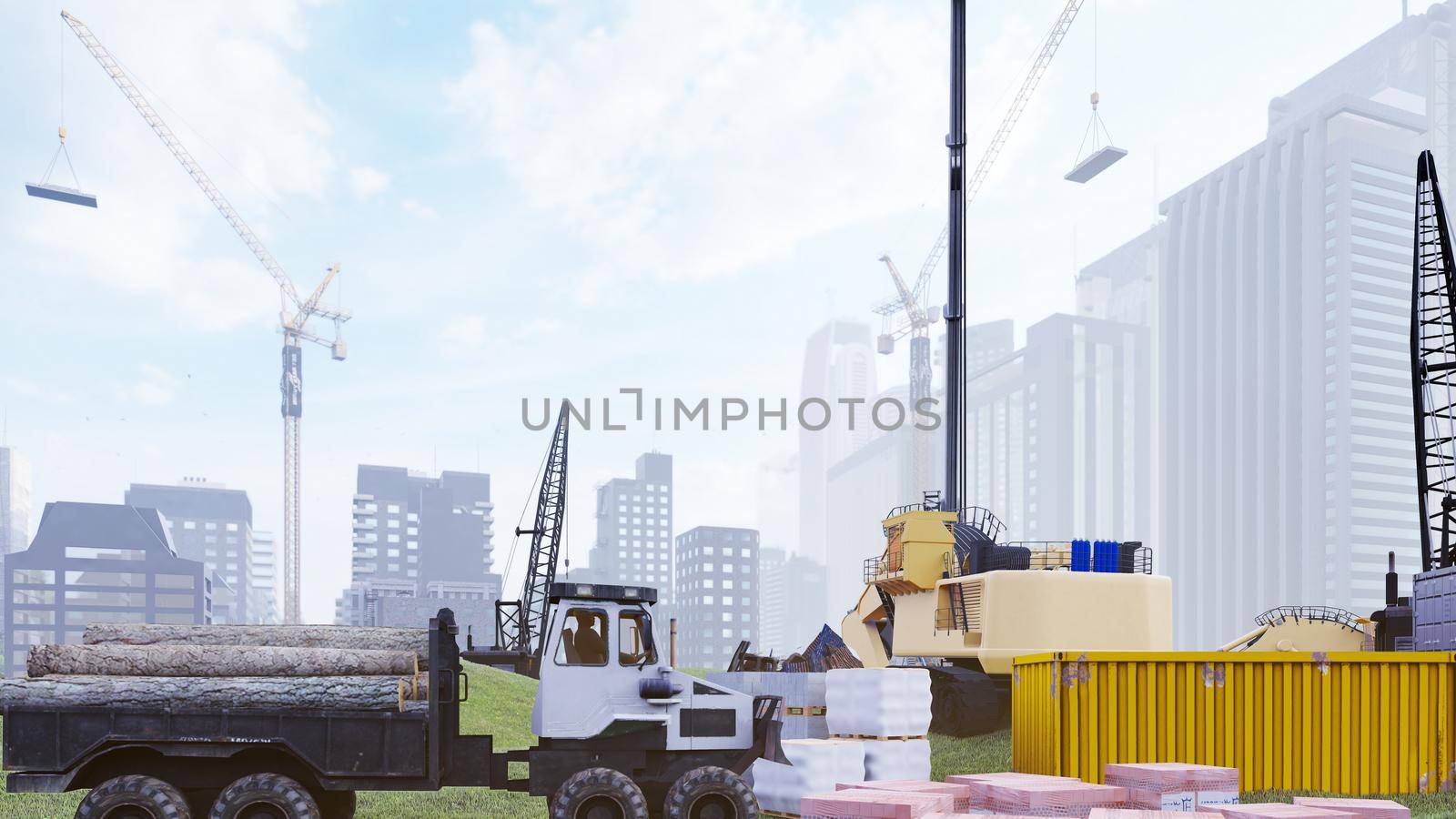 Industrial landscape with cranes and houses under construction, construction site on a foggy summer day. The concept of the construction. 3D Rendering by designprojects