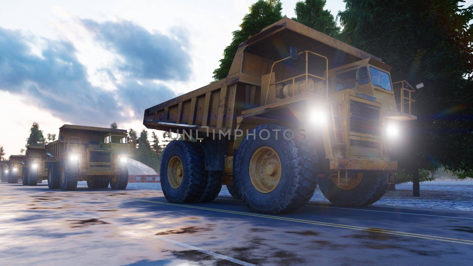 Big yellow huge quarry trucks are parked on the highway leading to the construction site. Dump trucks of the quarry industry. The concept of the construction. 3D Rendering by designprojects