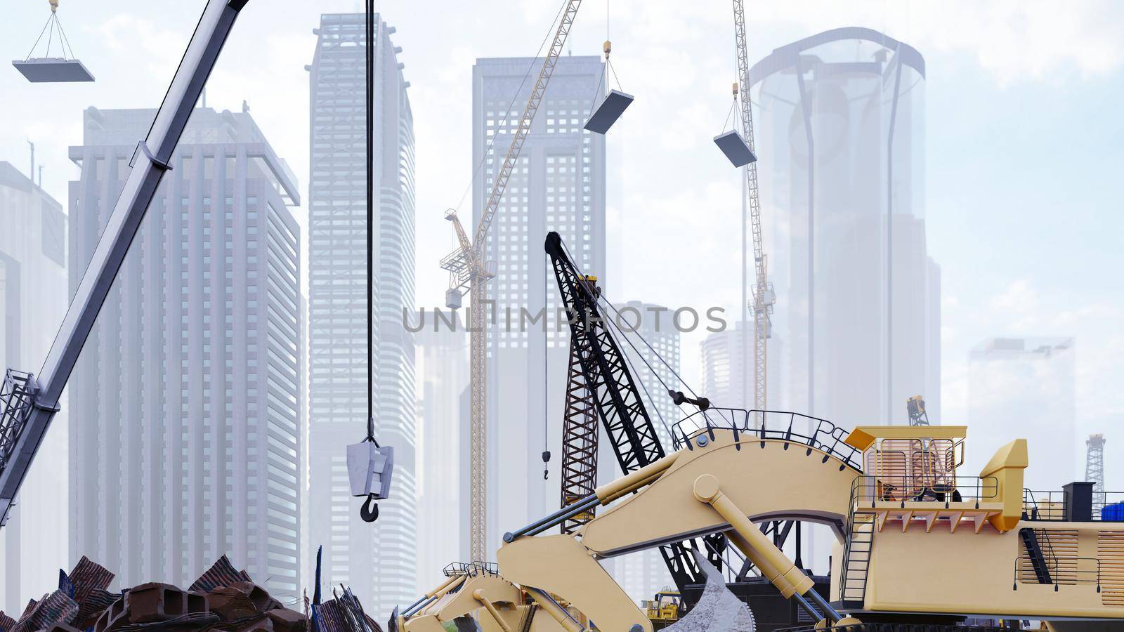 Industrial landscape with cranes and houses under construction, construction site on a foggy summer day. The concept of the construction. 3D Rendering by designprojects