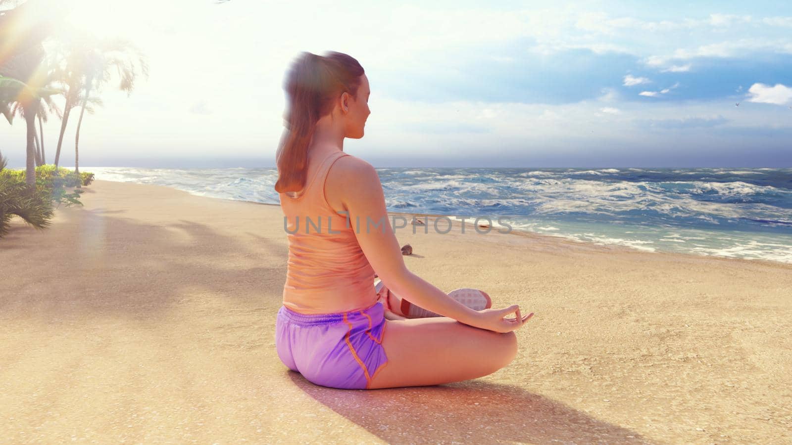 Beautiful young woman performing a spiritual yoga pose on the ocean shore at sunrise. A woman in the Lotus position is sitting on the beach. The concept of calmness and meditation. Harmony and balance.