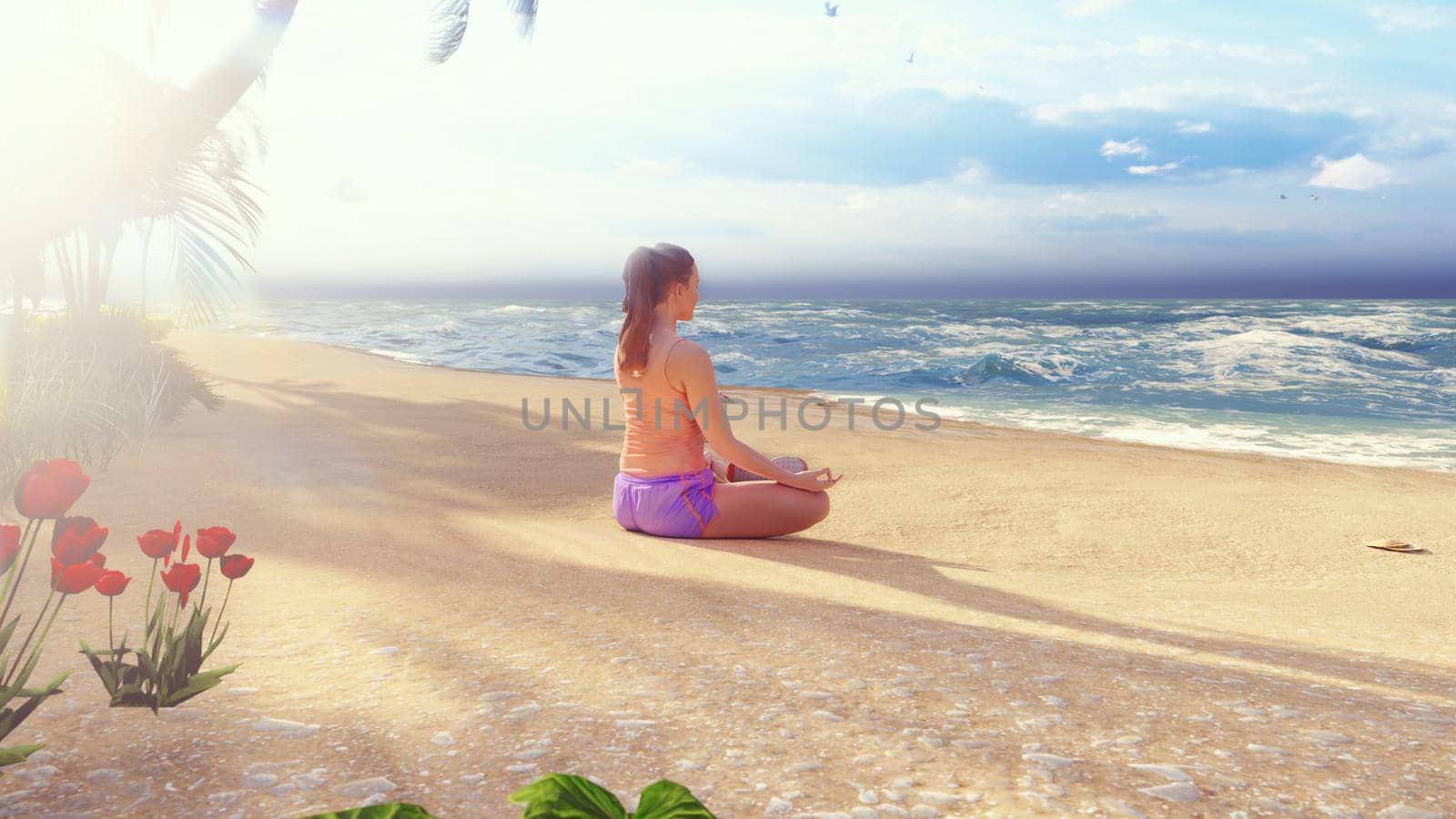 Beautiful young woman performing a spiritual yoga pose on the ocean shore at sunrise. A woman in the Lotus position is sitting on the beach. 3D Rendering by designprojects