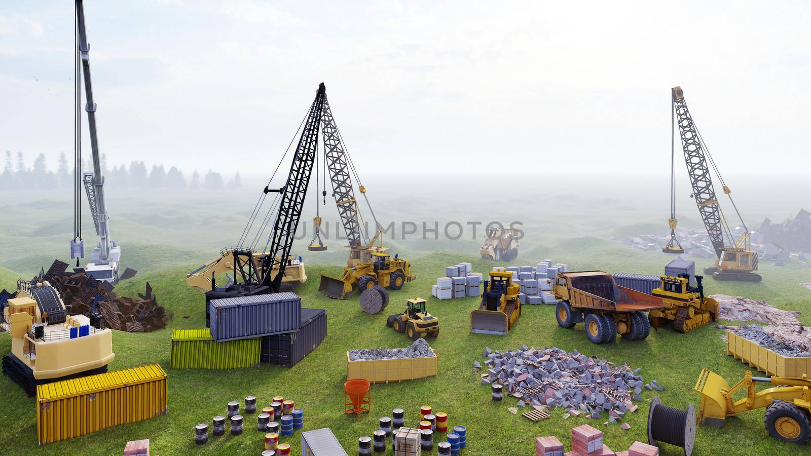 Industrial landscape with cranes and tractors, construction site on a foggy summer day. The concept of the construction. 3D Rendering by designprojects