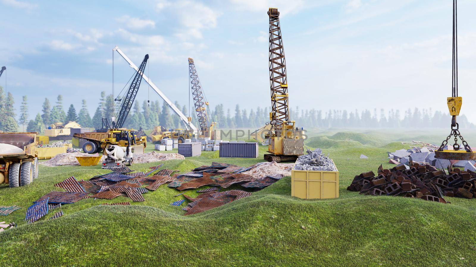 Industrial landscape with cranes and tractors, construction site on a foggy summer day. The concept of the construction. 3D Rendering by designprojects