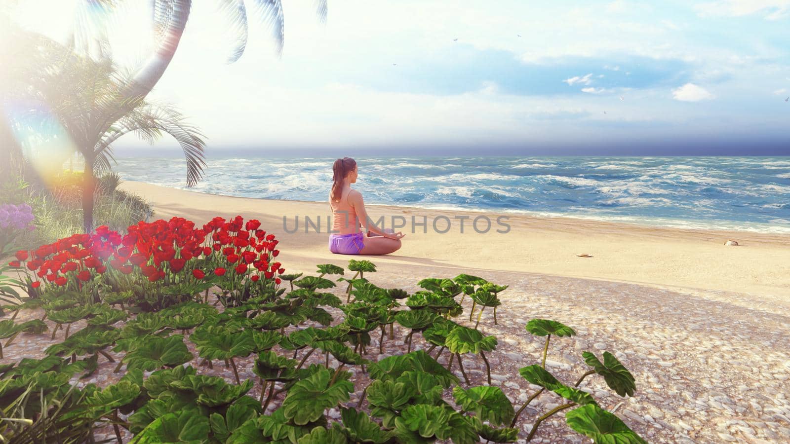 Beautiful young woman performing a spiritual yoga pose on the ocean shore at sunrise. A woman in the Lotus position is sitting on the beach. 3D Rendering by designprojects