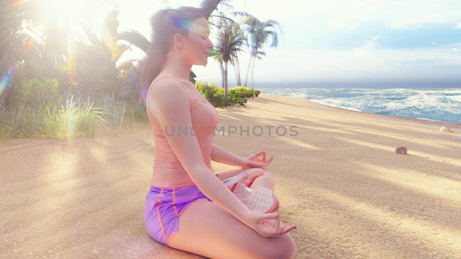 Beautiful young woman performing a spiritual yoga pose on the ocean shore at sunrise. A woman in the Lotus position is sitting on the beach. 3D Rendering by designprojects