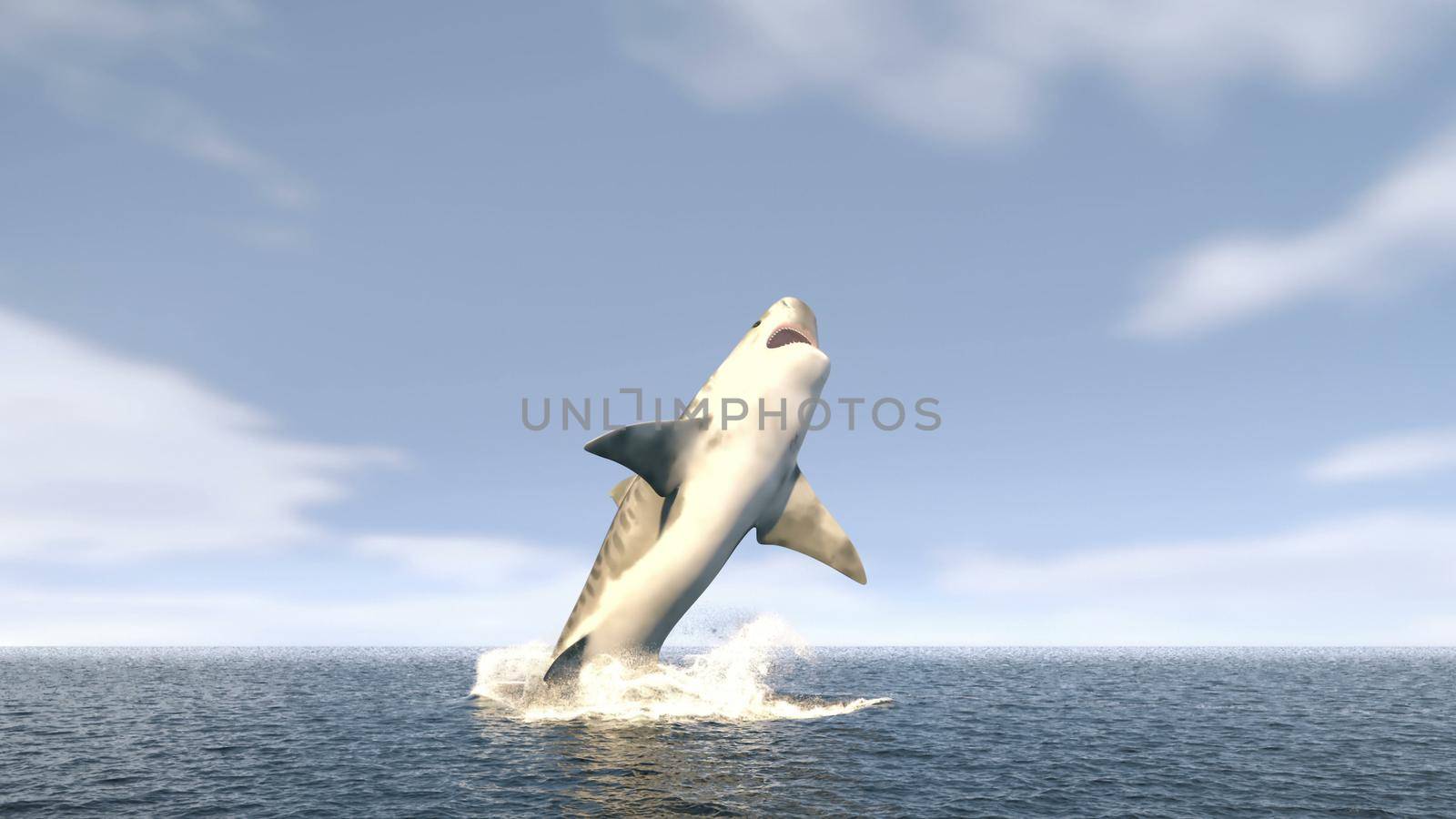 A large tiger shark leaps out of the water with a wide open mouth full of sharp dangerous teeth.