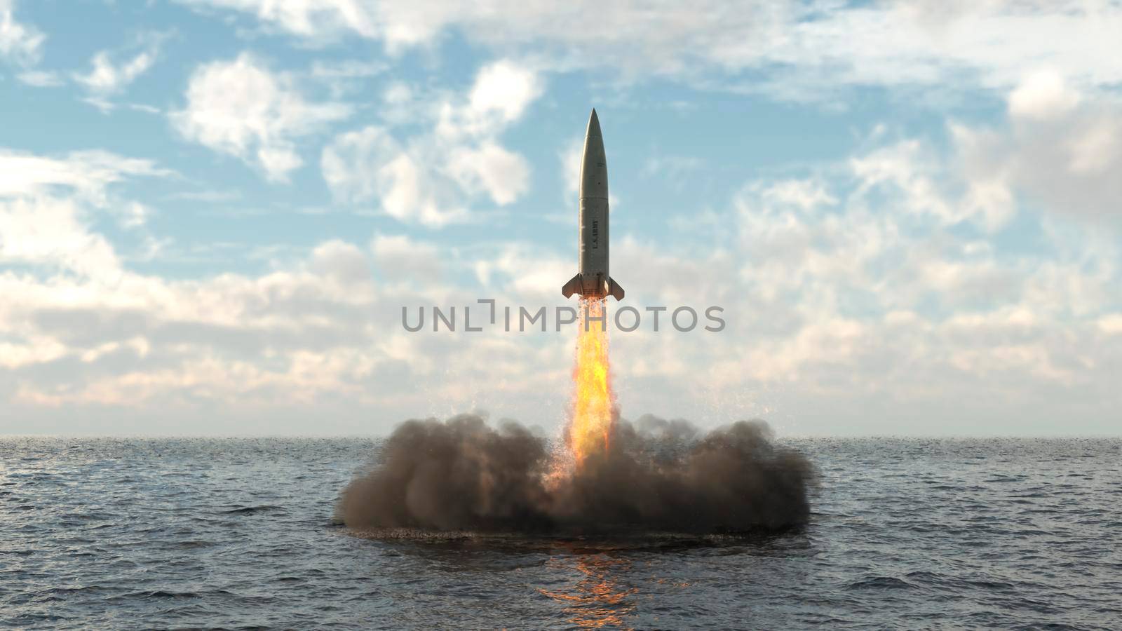 Launching a missile from under water from a submarine.