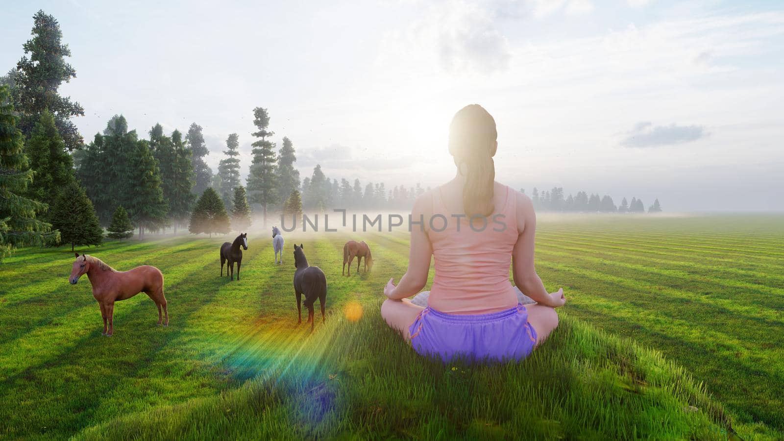 A beautiful young woman is sitting in the Lotus position on the green grass near a beautiful forest. Yoga classes in nature early in the morning.
