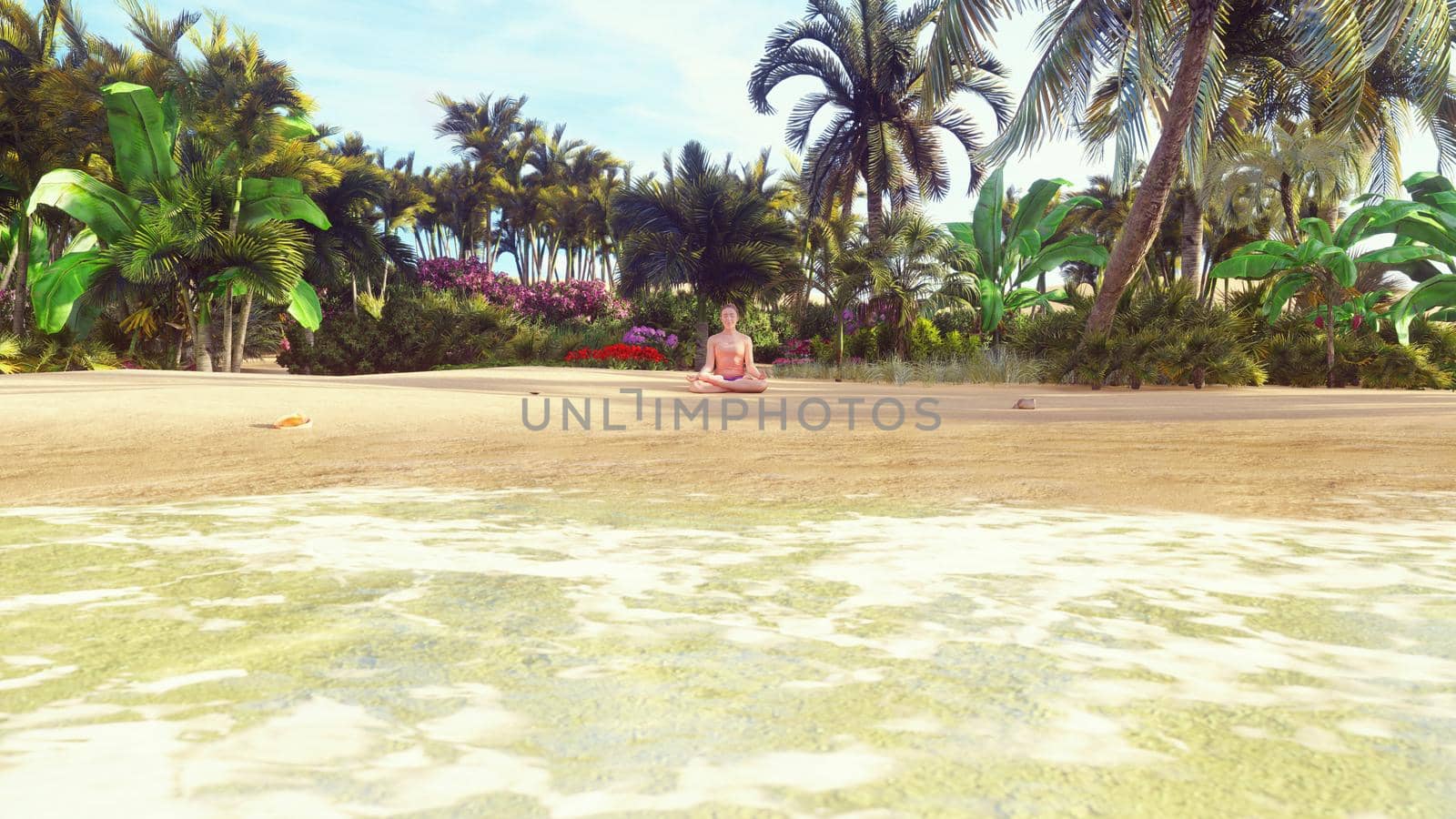 Beautiful young woman in the Lotus position, doing yoga on the beach by the ocean at dawn. 3D Rendering by designprojects