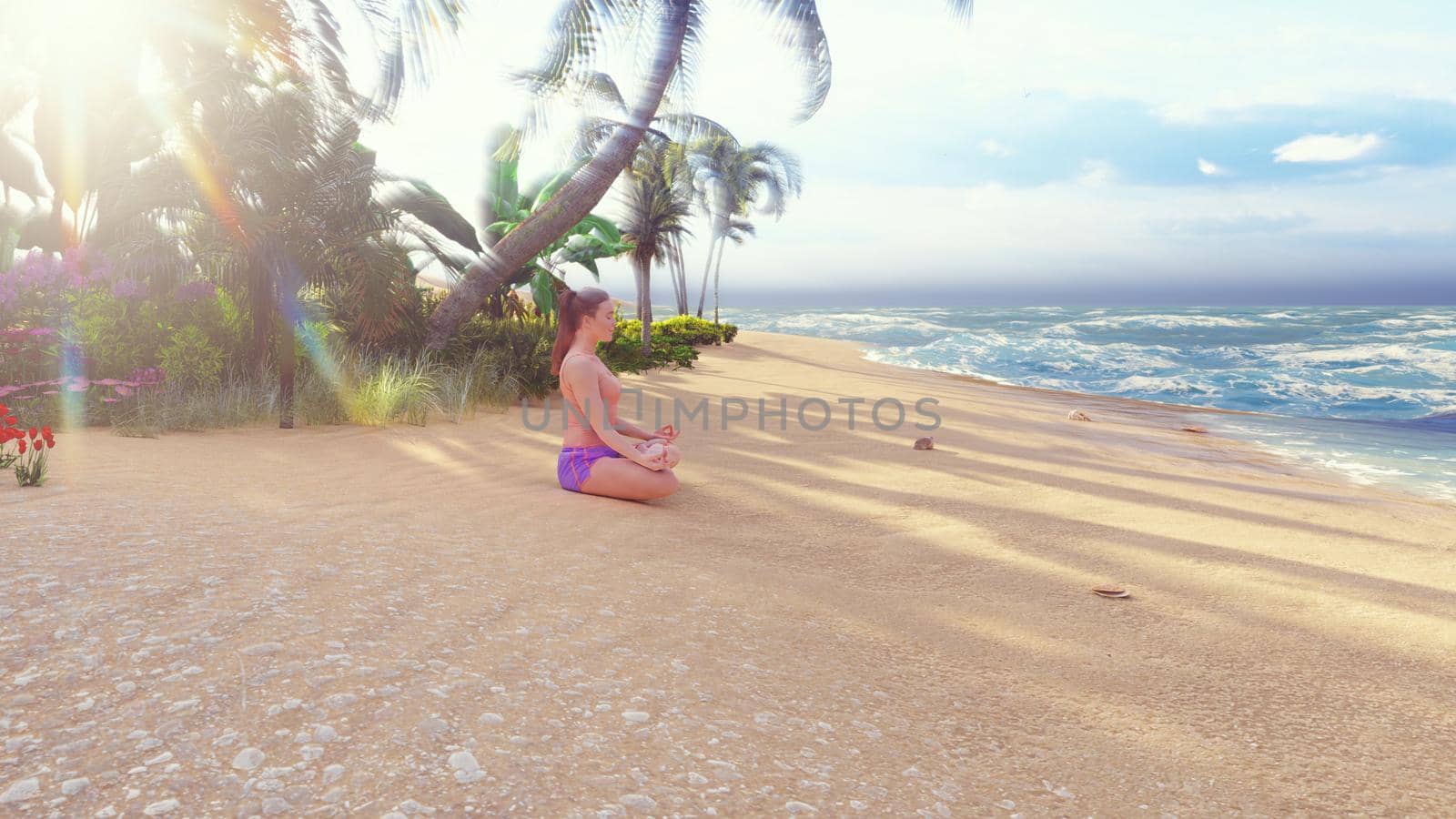 Beautiful young woman performing a spiritual yoga pose on the ocean shore at sunrise. A woman in the Lotus position is sitting on the beach. 3D Rendering by designprojects