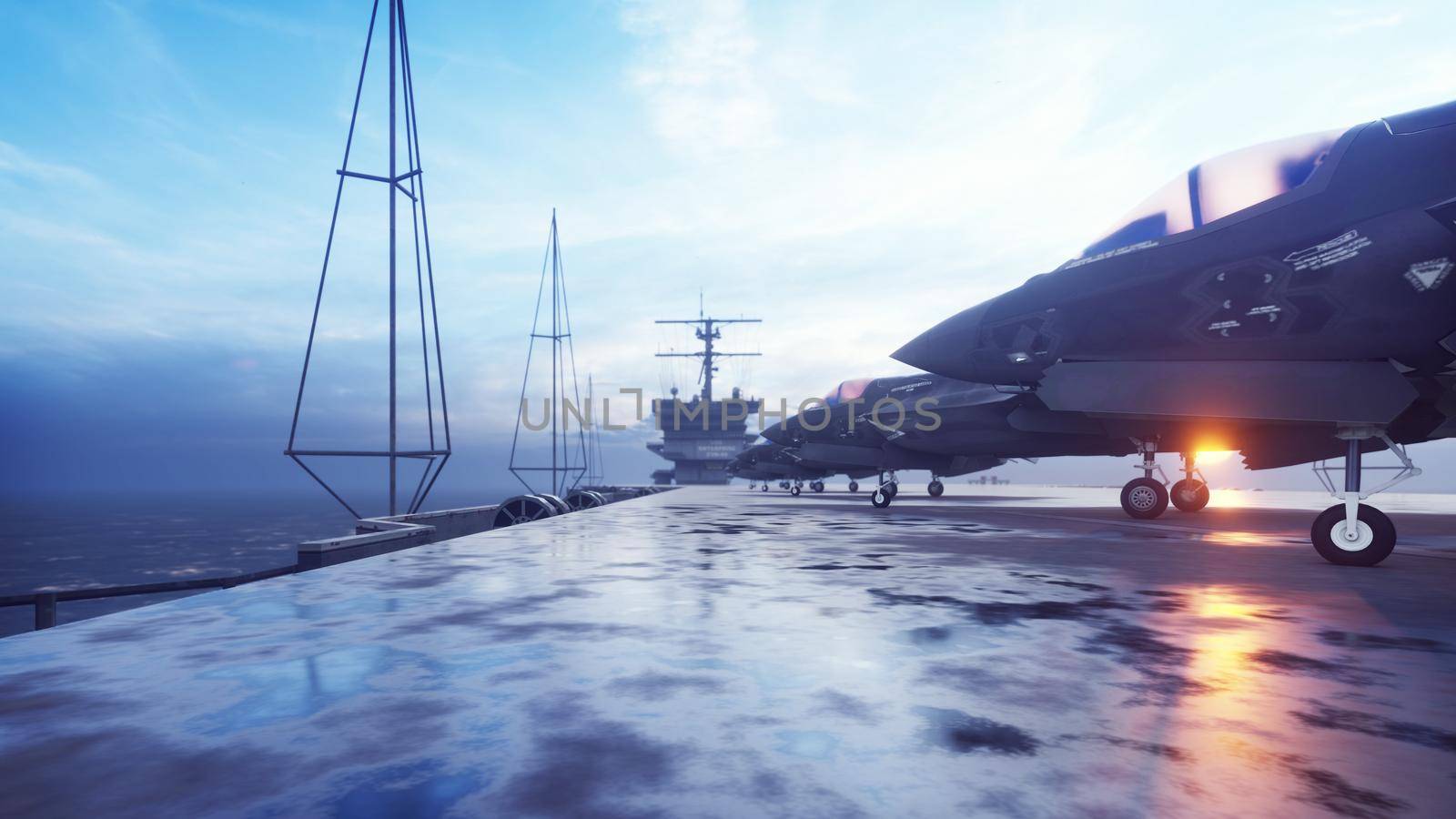 F-35 fighters are on the aircraft carrier ready to fly. 3D Rendering by designprojects