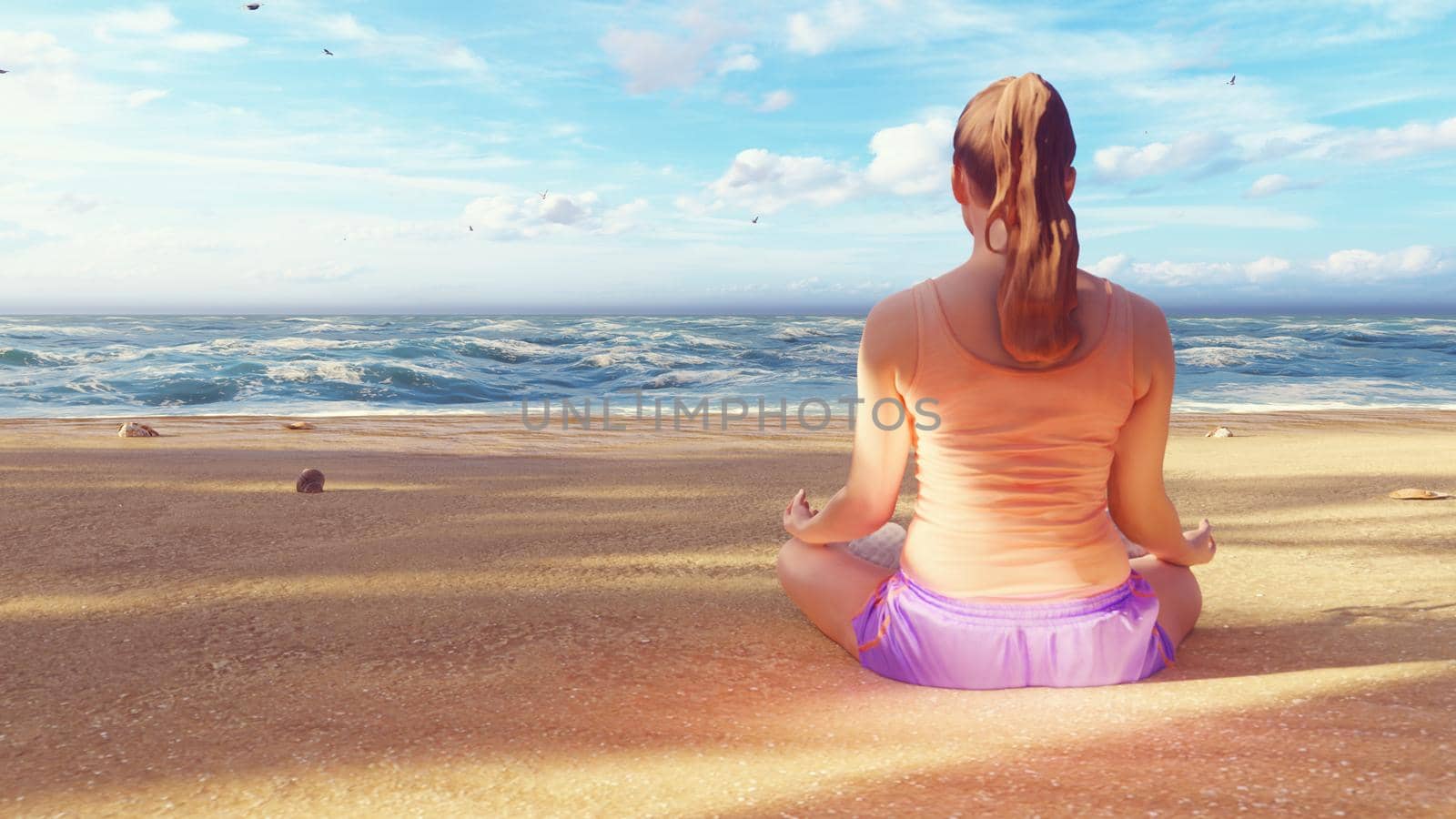 A beautiful young woman is sitting in a Lotus position on the sand. Yoga classes on the beach by the ocean early in the morning. 3D Rendering by designprojects