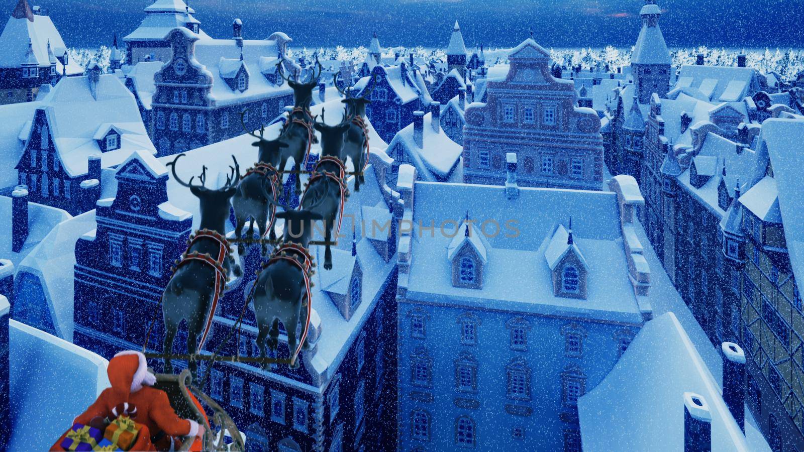 Santa Claus flies on a Christmas sleigh over a small ancient snowy night town. The concept of Christmas.