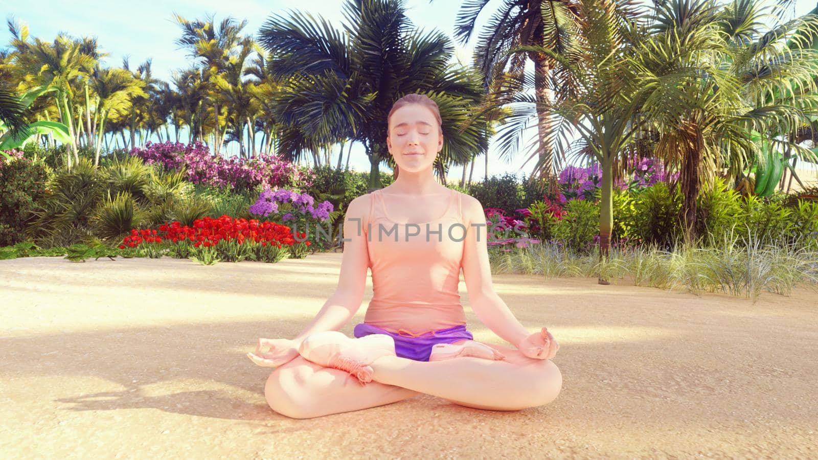 Beautiful young woman performing a spiritual yoga pose on the ocean shore at sunrise. A woman in the Lotus position is sitting on the beach. 3D Rendering by designprojects