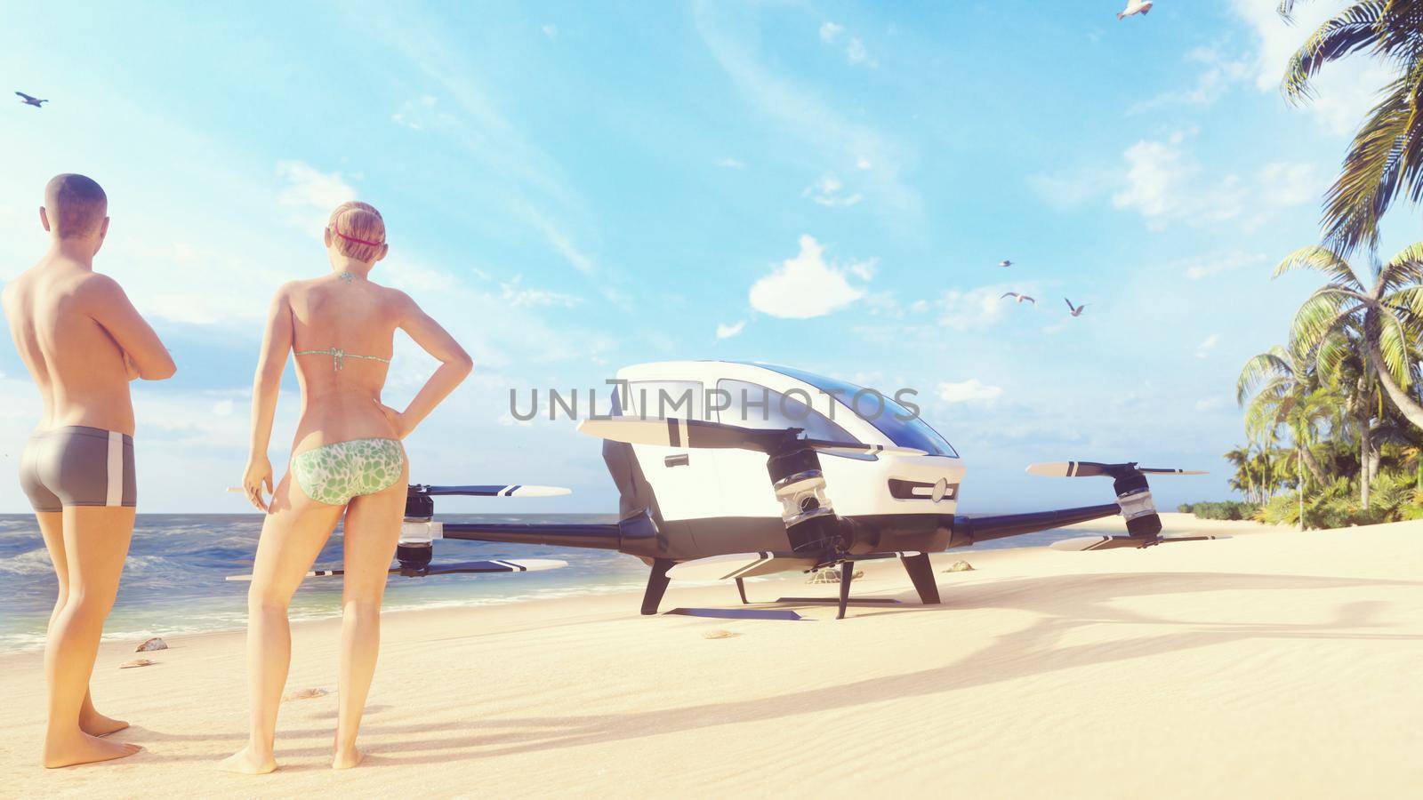 Unmanned passenger air taxi on the beach of a tropical island. The concept of the future driverless taxi. 3D Rendering by designprojects
