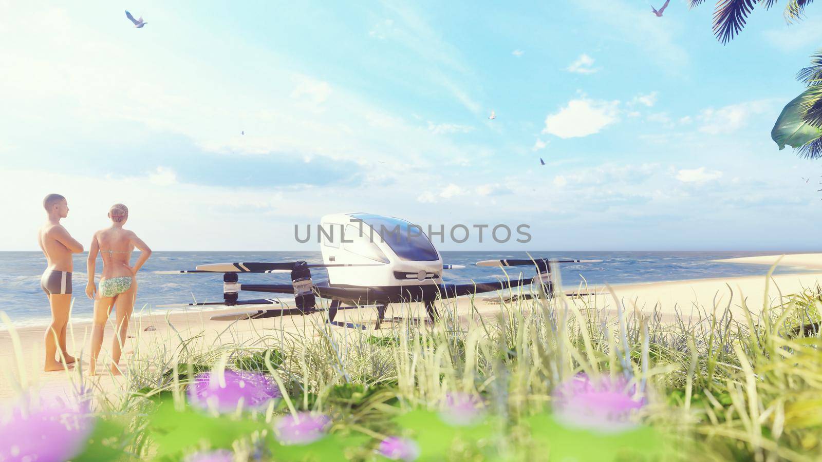 Unmanned passenger air taxi on the beach of a tropical island. The concept of the future driverless taxi. 3D Rendering by designprojects