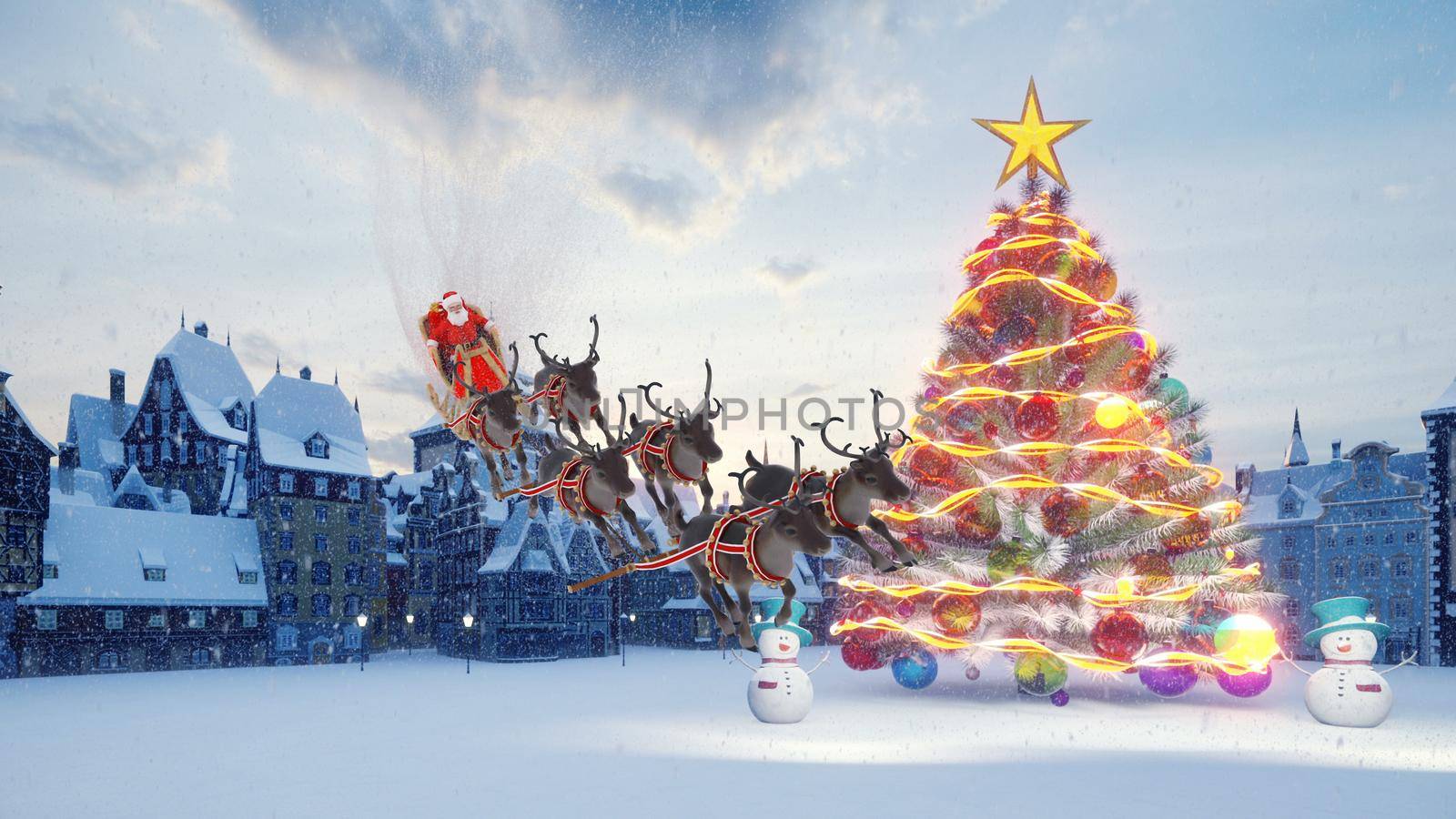 Christmas tree with colorful colorful balls. Santa Claus on a sleigh with Christmas reindeer. Snowmen and Christmas and new year decorations and gifts. A small town in anticipation of the holiday.