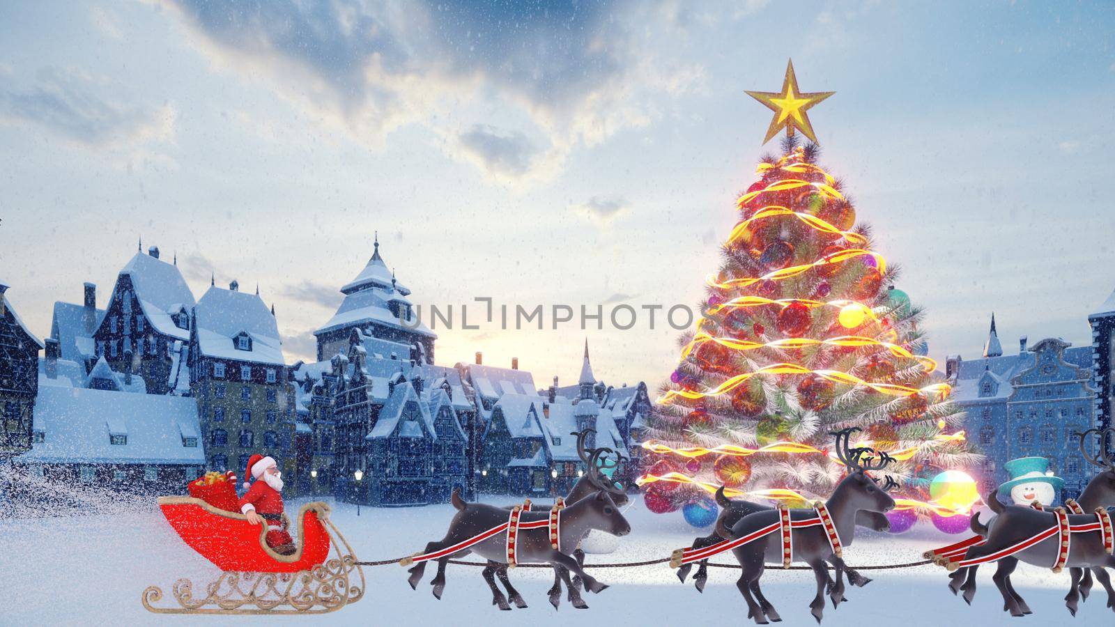 Christmas tree with colorful glowing colorful balls. Santa Claus on a Christmas sleigh with reindeer. Snowmen and Christmas decorations with gifts. A small ancient town in anticipation of the holiday.