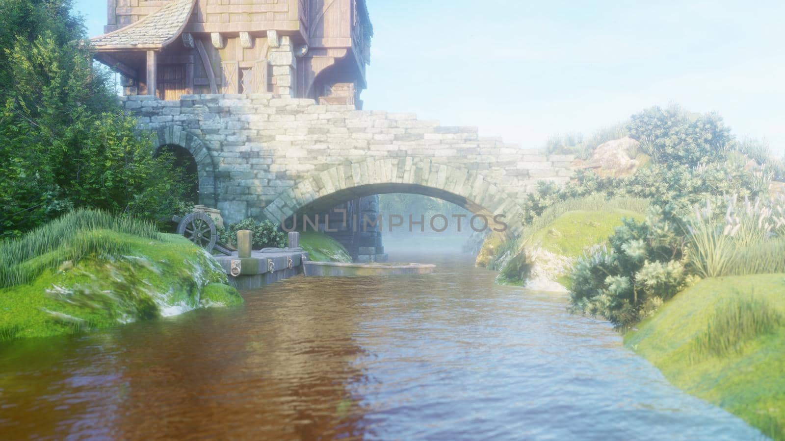 Beautiful rural morning nature with a pond, fishes, boat and water mill. The mill wheel rotates under water pressure. The morning sun's rays are reflected in the water.