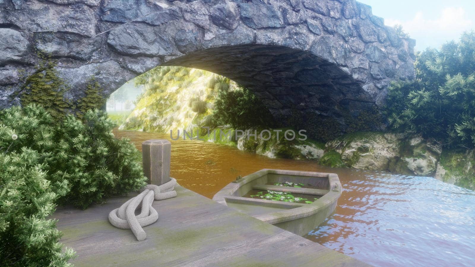 Beautiful rural morning nature with a pond, fishes, boat and water mill. The mill wheel rotates under water pressure. The morning sun's rays are reflected in the water. 3D Rendering by designprojects