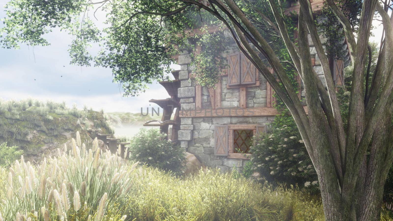 Beautiful countryside with a water mill. The mill wheel rotates against the background of beautiful summer nature. 3D Rendering by designprojects