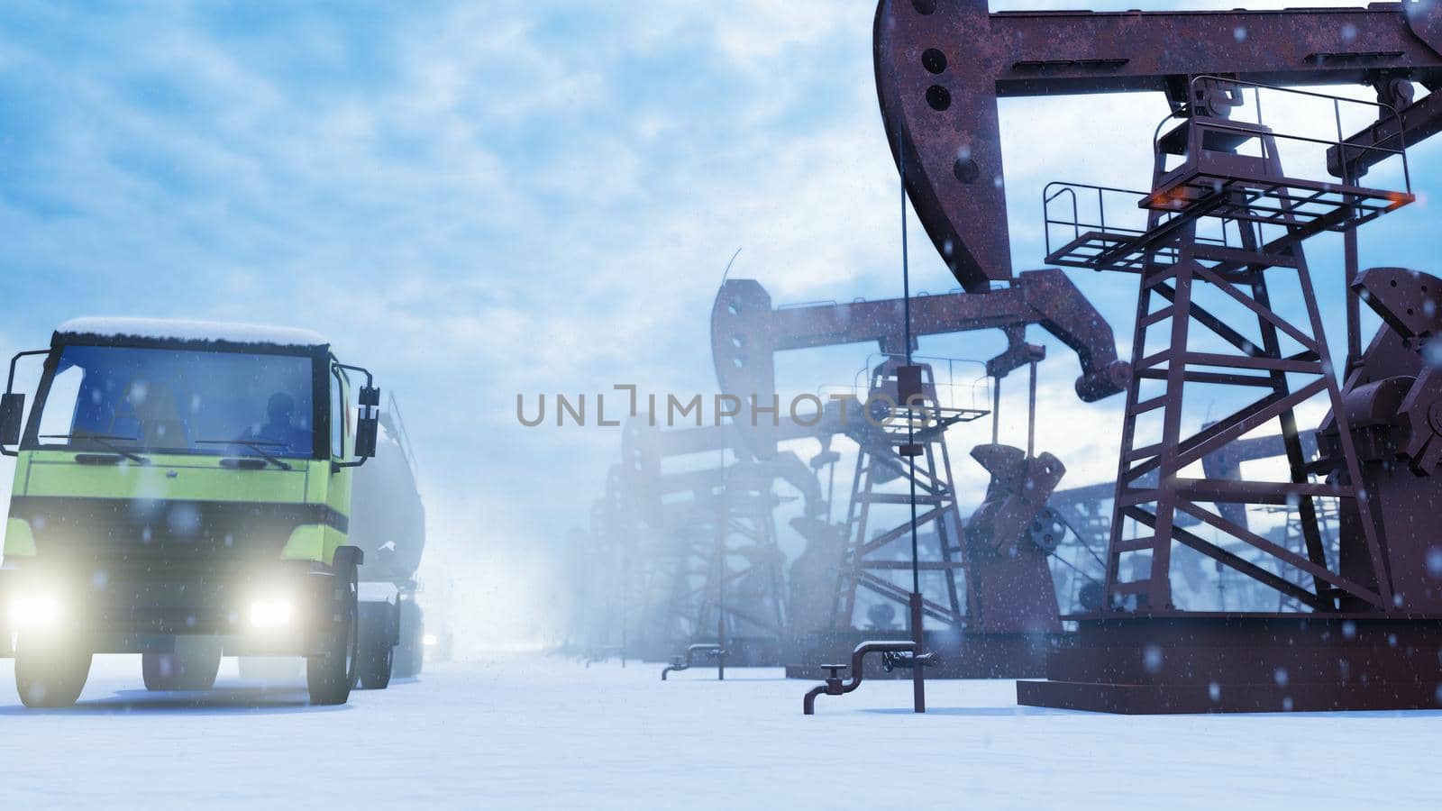 Industrial oil pumps operate in the winter and pump crude oil in an oil field. Oil trucks passing by oil pumps. 3D Rendering by designprojects