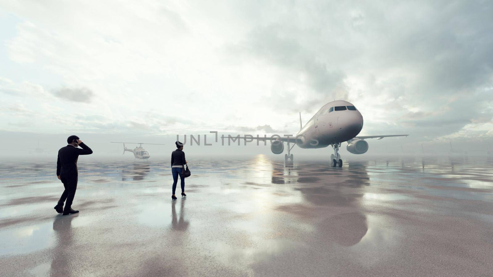 Business people at the airport go with their luggage to board a commercial plane. 3D Rendering by designprojects