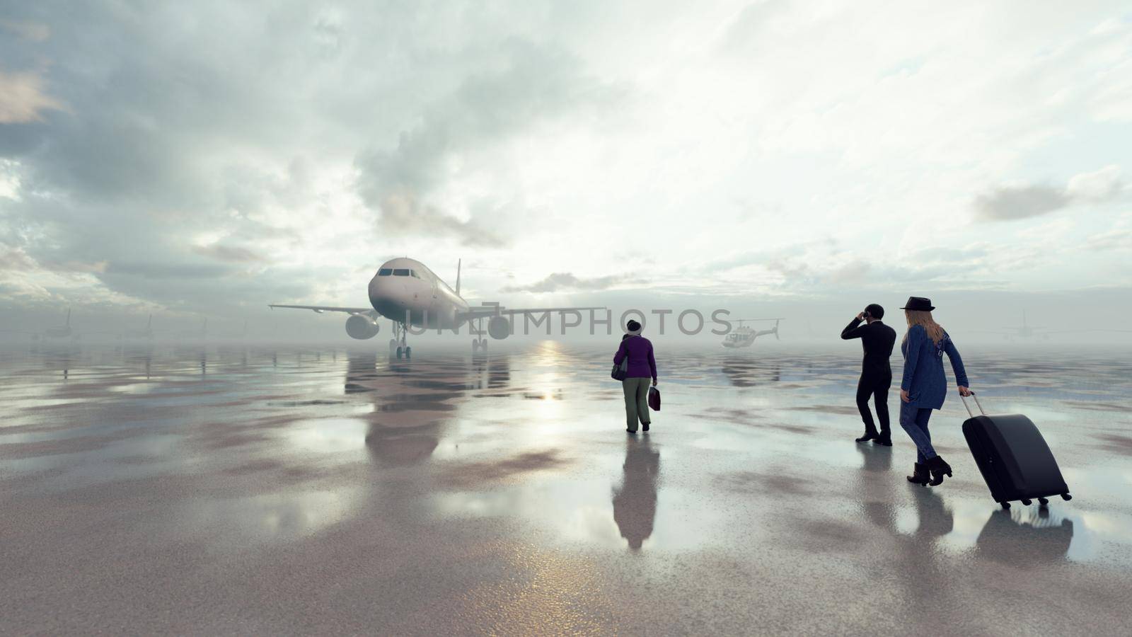 Business people at the airport go with their luggage to board a commercial plane. 3D Rendering by designprojects