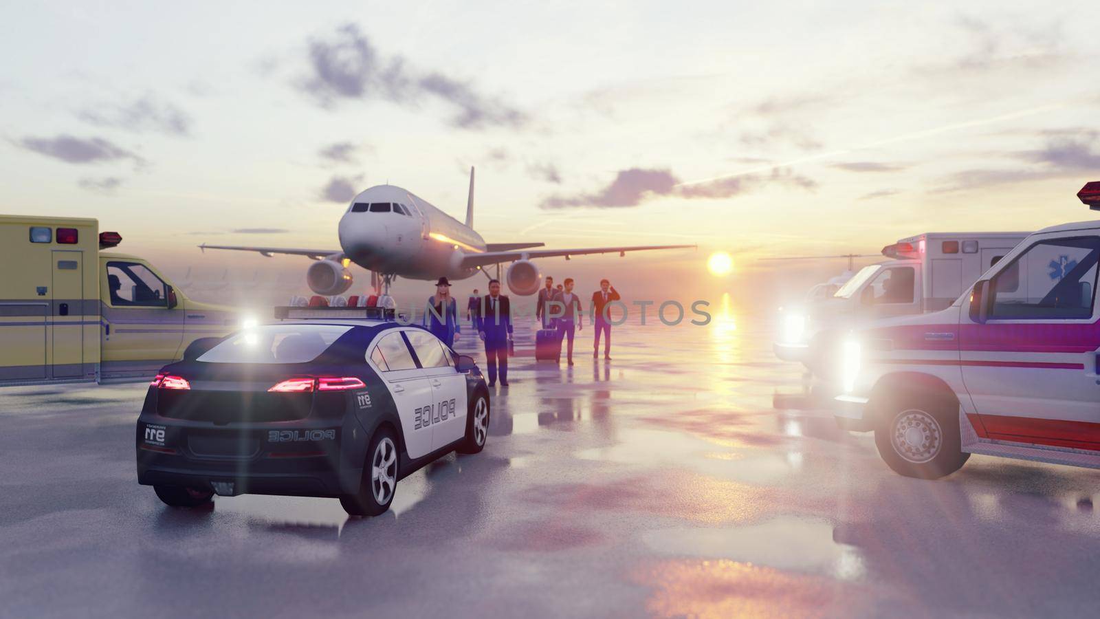 People return during a pandemic after traveling by plane. Travelers at the airport go with luggage after landing. 3D Rendering by designprojects