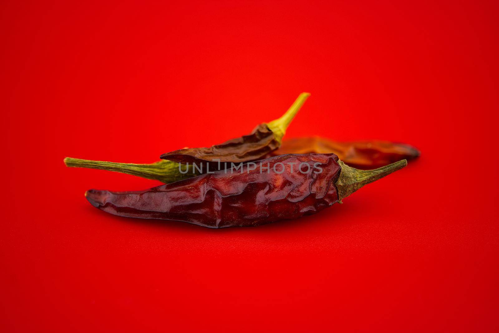 Dried chili peppers on red background. Macro image