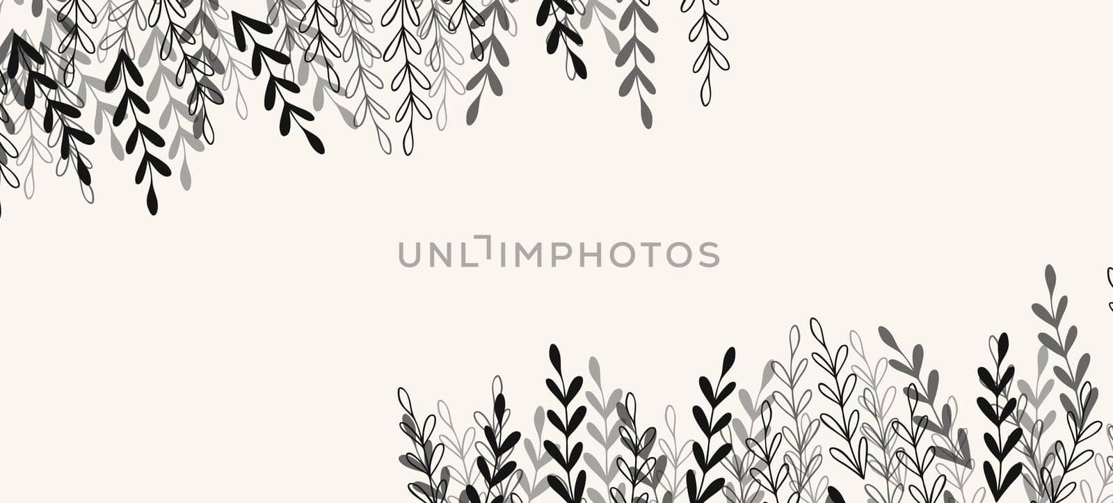 Floral web banner with drawn grey exotic leaves. Nature concept design. Modern floral compositions with summer branches. Vector illustration on the theme of ecology, natura, environment.