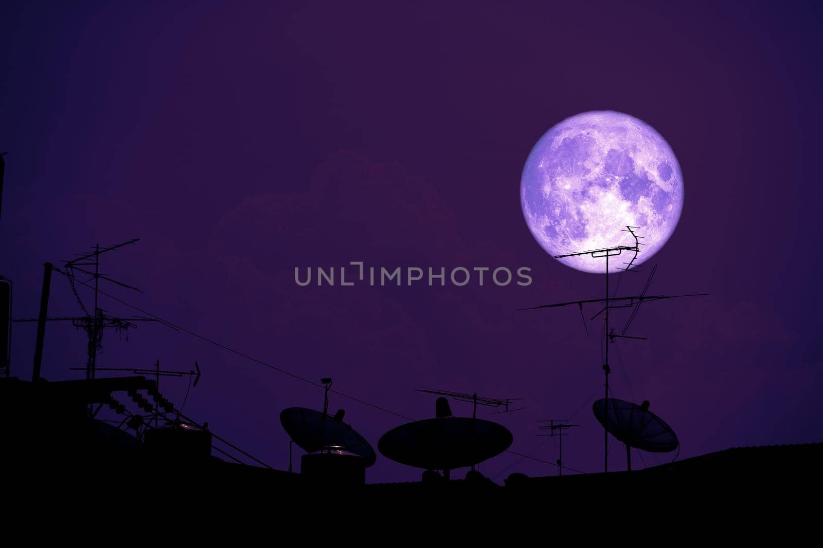 full Hay moon planet back silhouette Satellite dishes on roof, Elements of this image furnished by NASA