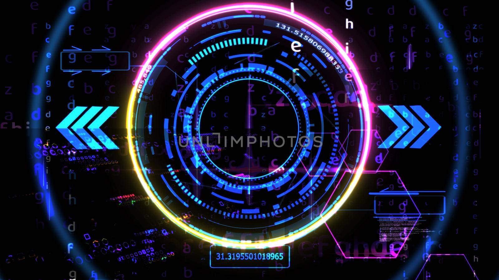 futuristic technology digital powerful energy holographic matrix element orange pink laser glow effect arrow and callout border with numeric dark and light blue tone