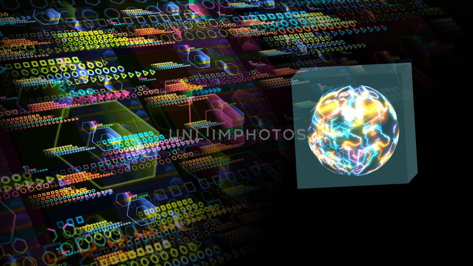 Quantum computer in the cube futuristic technology digital layer dimension holographic hexagon process and analysis for big data and abstract polygon background