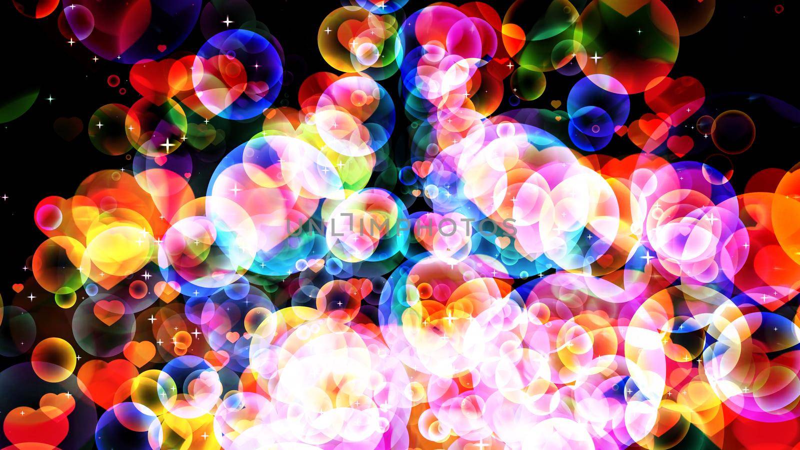 rainbow abstract dimension bubbles with dancing hearts floating on black screen by Darkfox