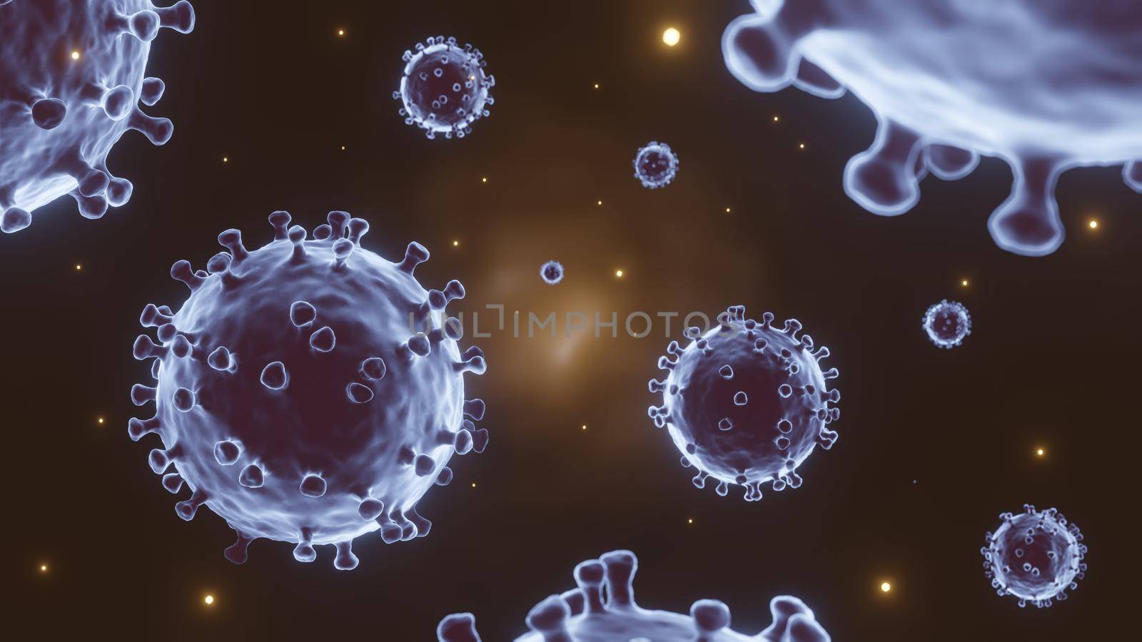 COVID-19 . Floating respiratory coronavirus 2019-nCov and glow dust particle on dark orange background . Microscopic view of viral cell . 3D rendering .