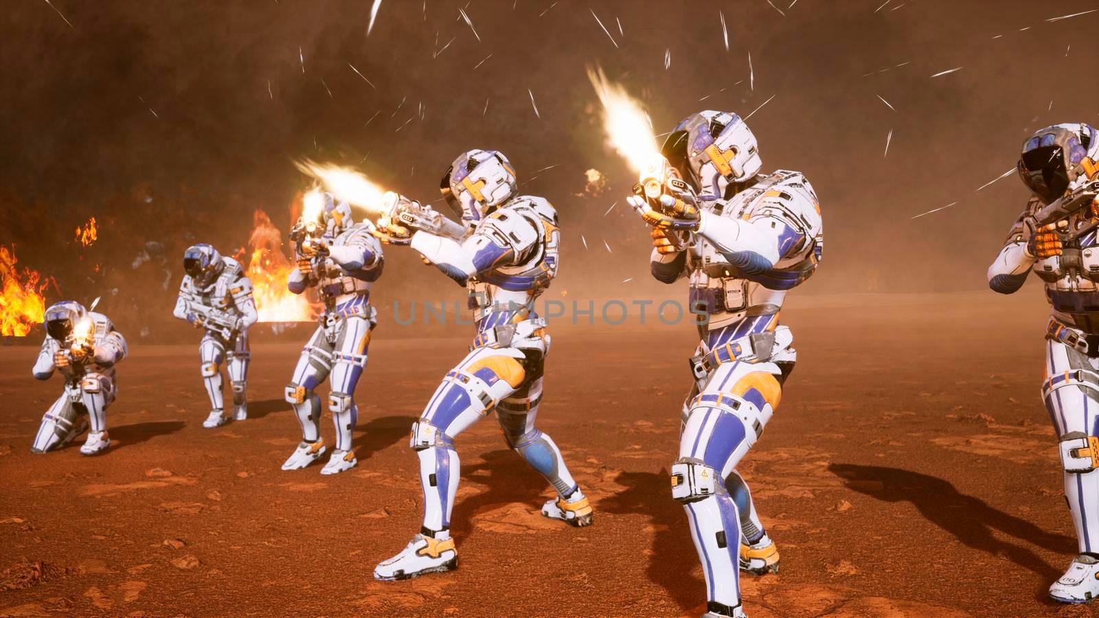 The commander and his soldiers of the future attack the enemy in the smoke in the middle of explosions on an uncharted planet. 3D Rendering by designprojects