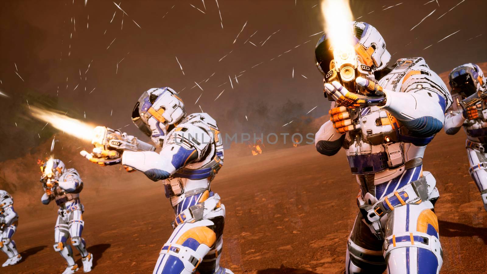 The commander and his soldiers of the future attack the enemy in the smoke in the middle of explosions on an uncharted planet. 3D Rendering by designprojects