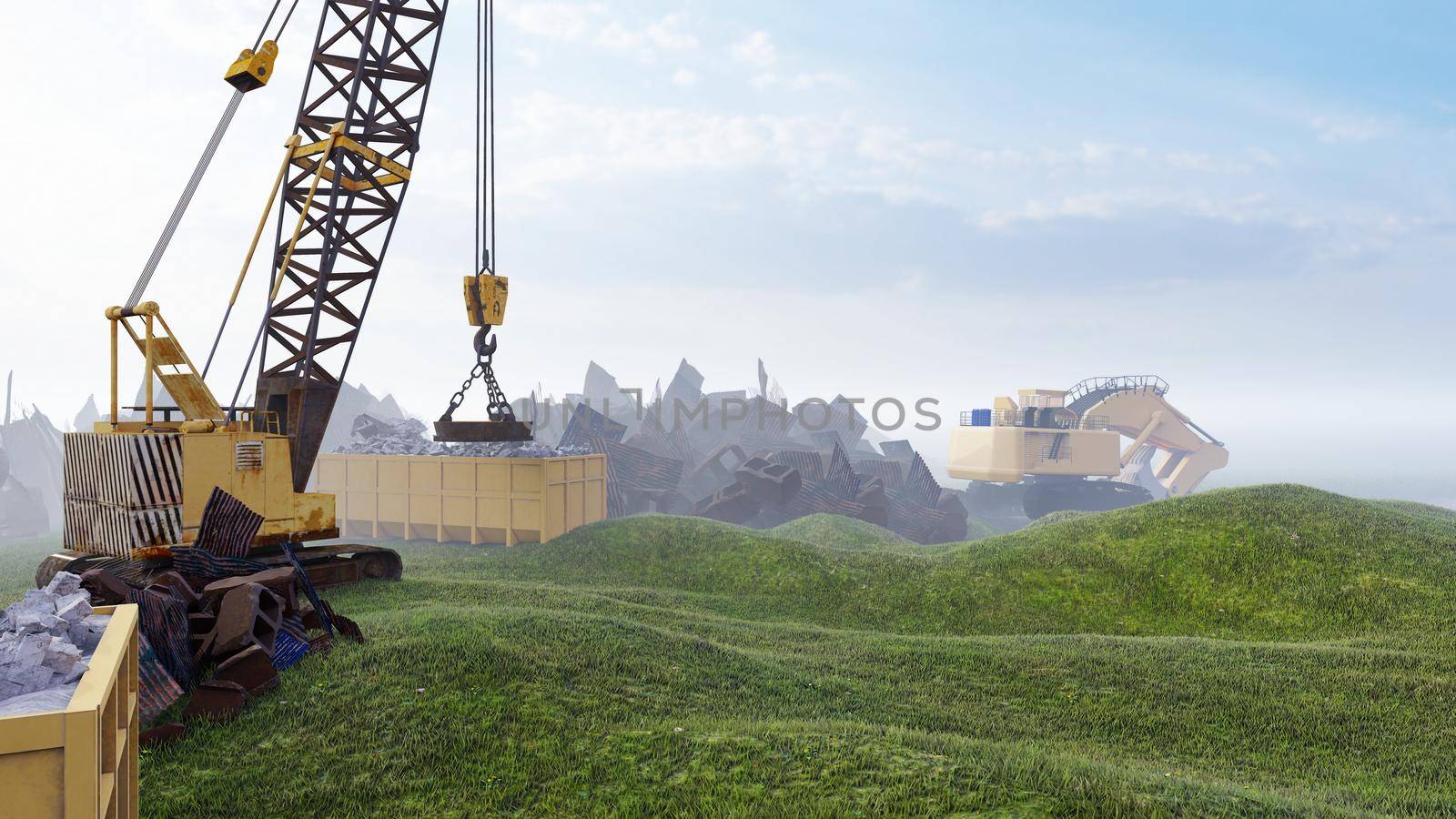 Construction site with tractors and cranes, industrial landscape in a summer day. The concept of construction. 3D Rendering by designprojects