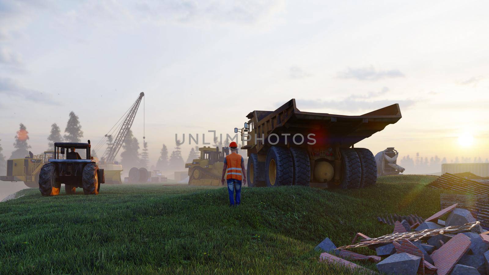 Construction site with tractors and cranes, industrial landscape in a summer day. The concept of construction.