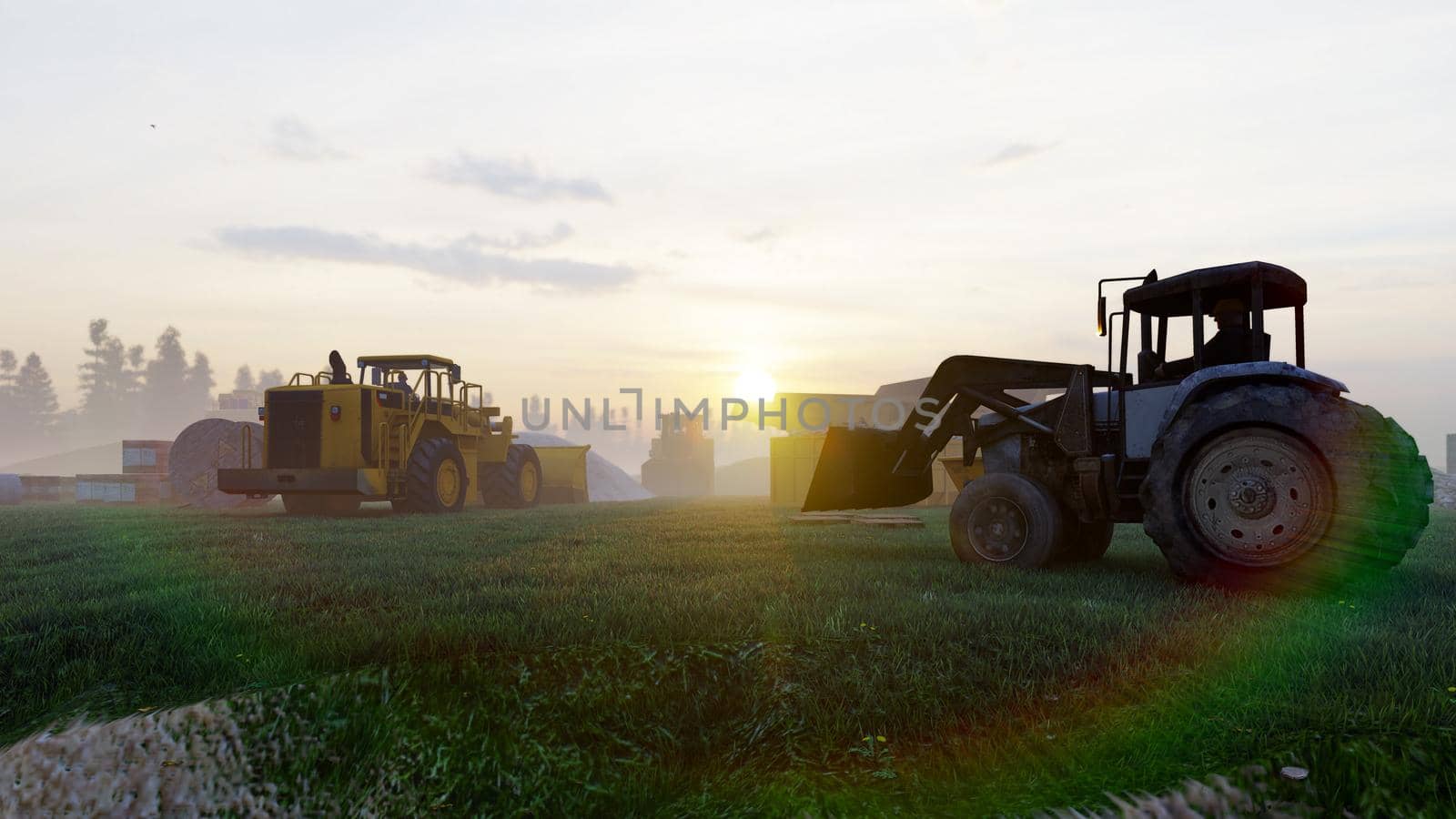 Construction site with tractors and cranes, industrial landscape in a summer day. The concept of construction. 3D Rendering by designprojects